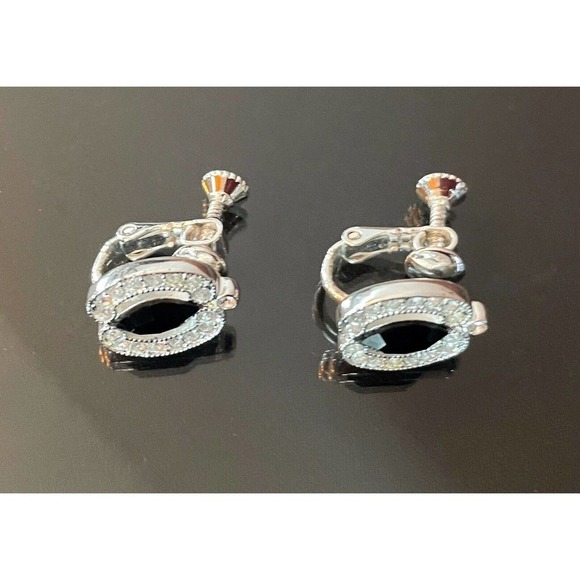 NAPIER Silver Tone Onyx Pumpkin Earrings Screw Back Signed Spice Fall Rhinestone - Picture 2 of 3